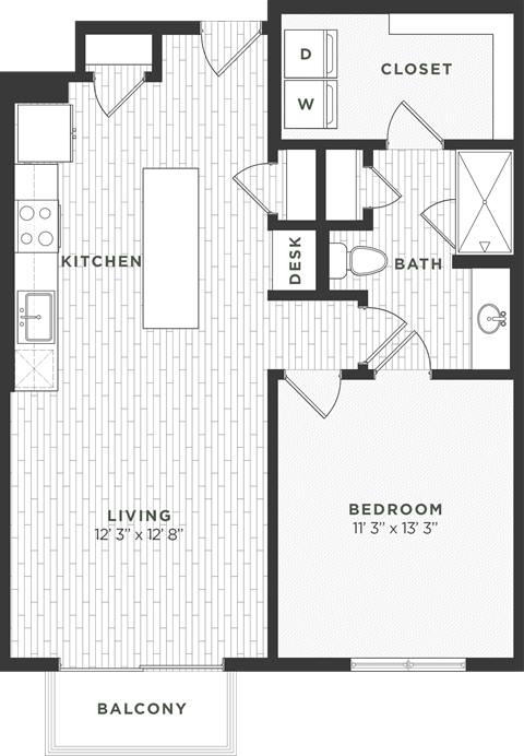 Floor plan for 1 bed, 1 bath, 791 sqft